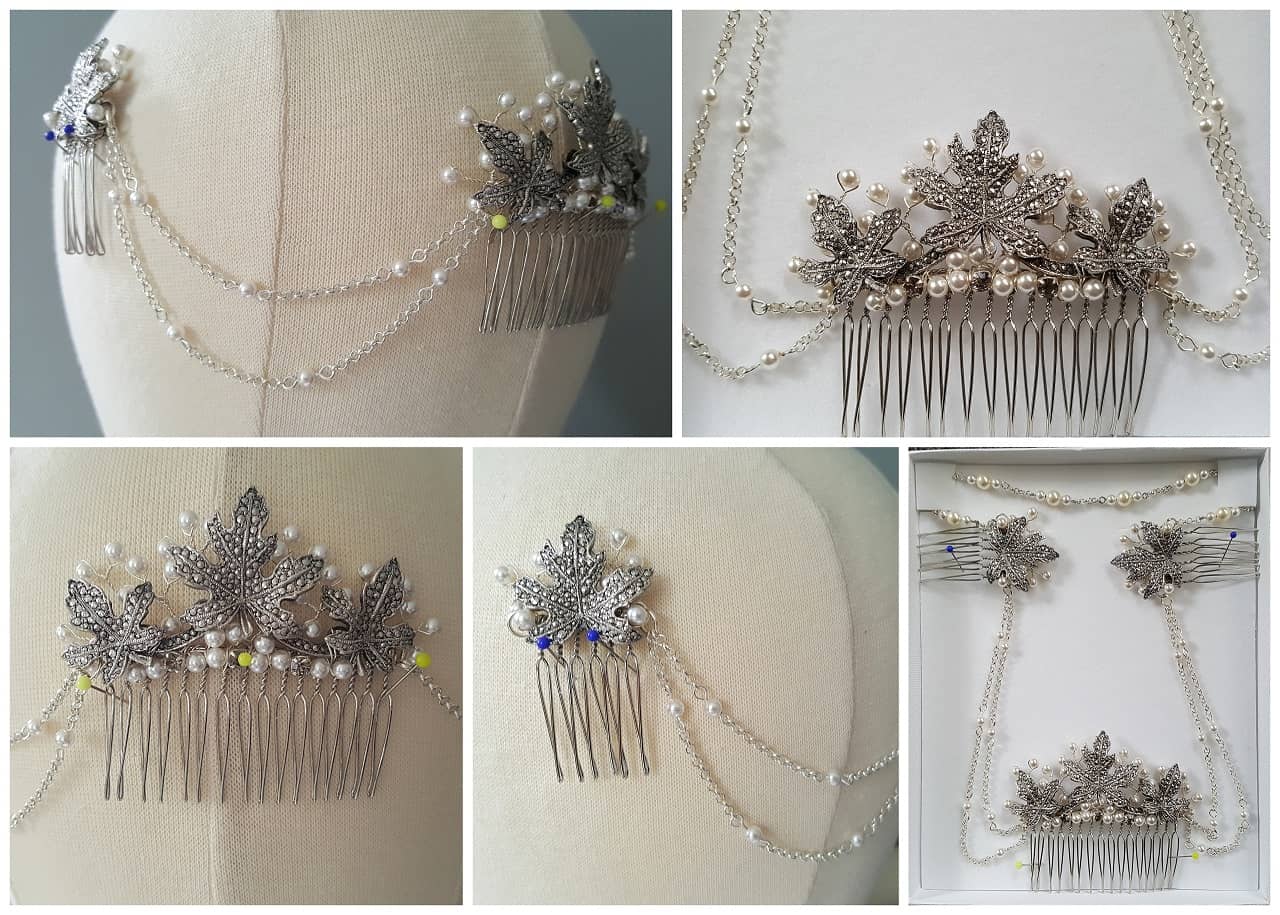 A collage of photos of a silver leaf and pearl bridal headchain