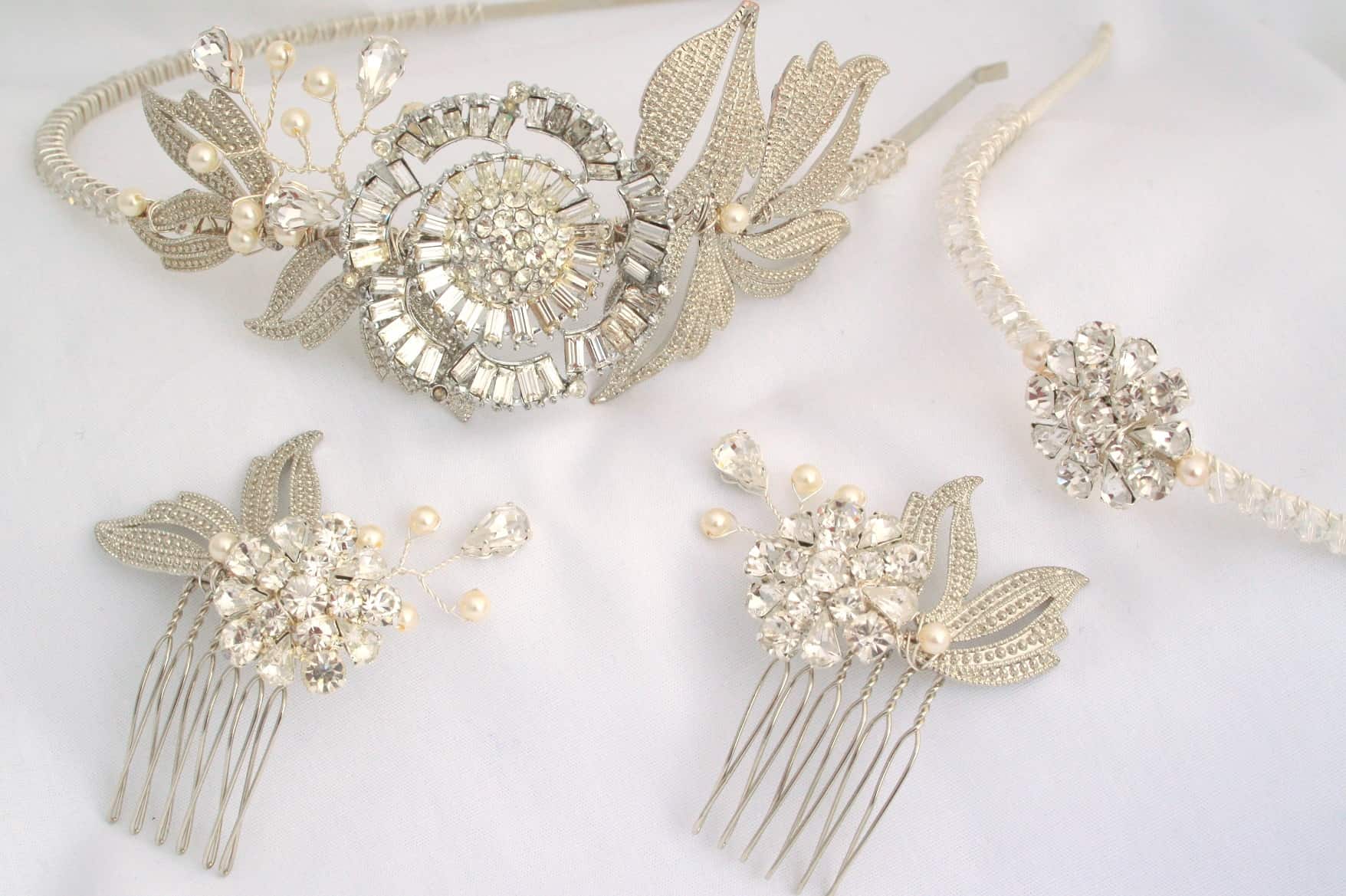 A range of bridal headwear in silver with jewels